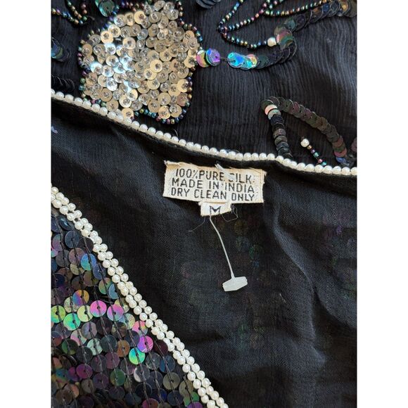 Vintage Black Beaded Silk Midi Dress Size M Embellished Minor Repair Needed - Picture 4 of 9